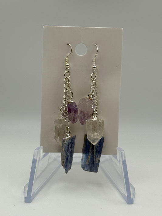 Kyanite, Clear Quartz,Amethyst Earrings