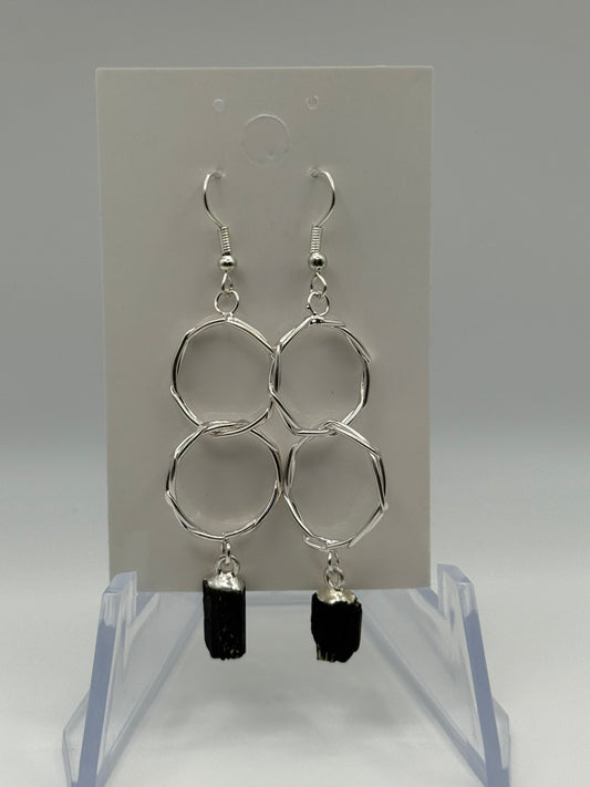 Black Tourmaline Silver Circle Earrings