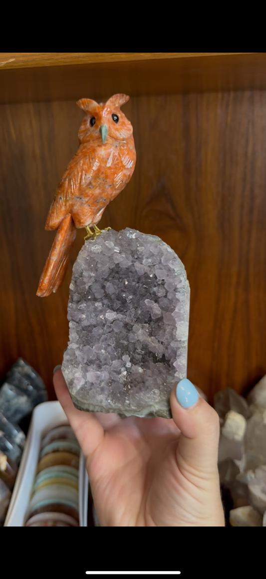 Amethyst Cutbase with Sunstone Owl